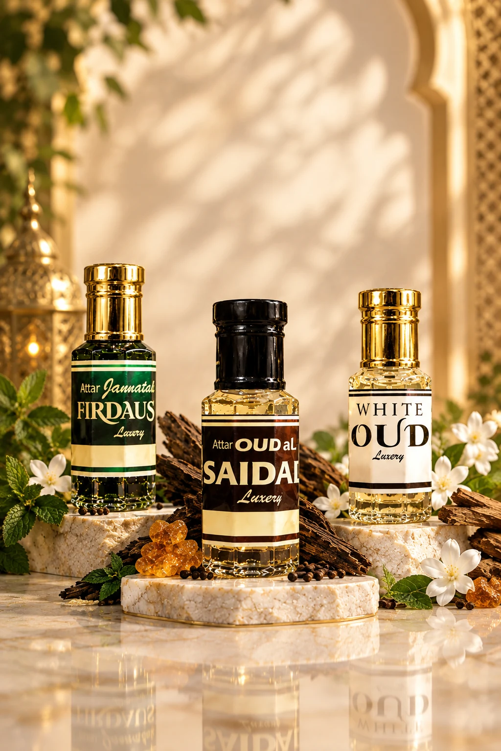 Classic Attar Trio: White Oud, Jannatul Firdaus, and Oud al Saidah pure artisanal concentrated attars in golden light