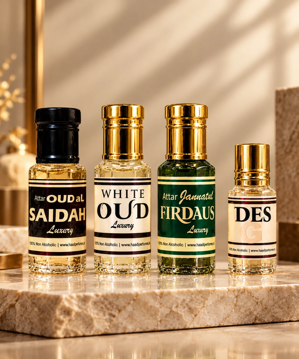 Haadi Combo Pack of 3: Oud al Saidah, White Oud, and Jannatul Firdaus pure concentrated attars with complimentary 3ml luxury gift