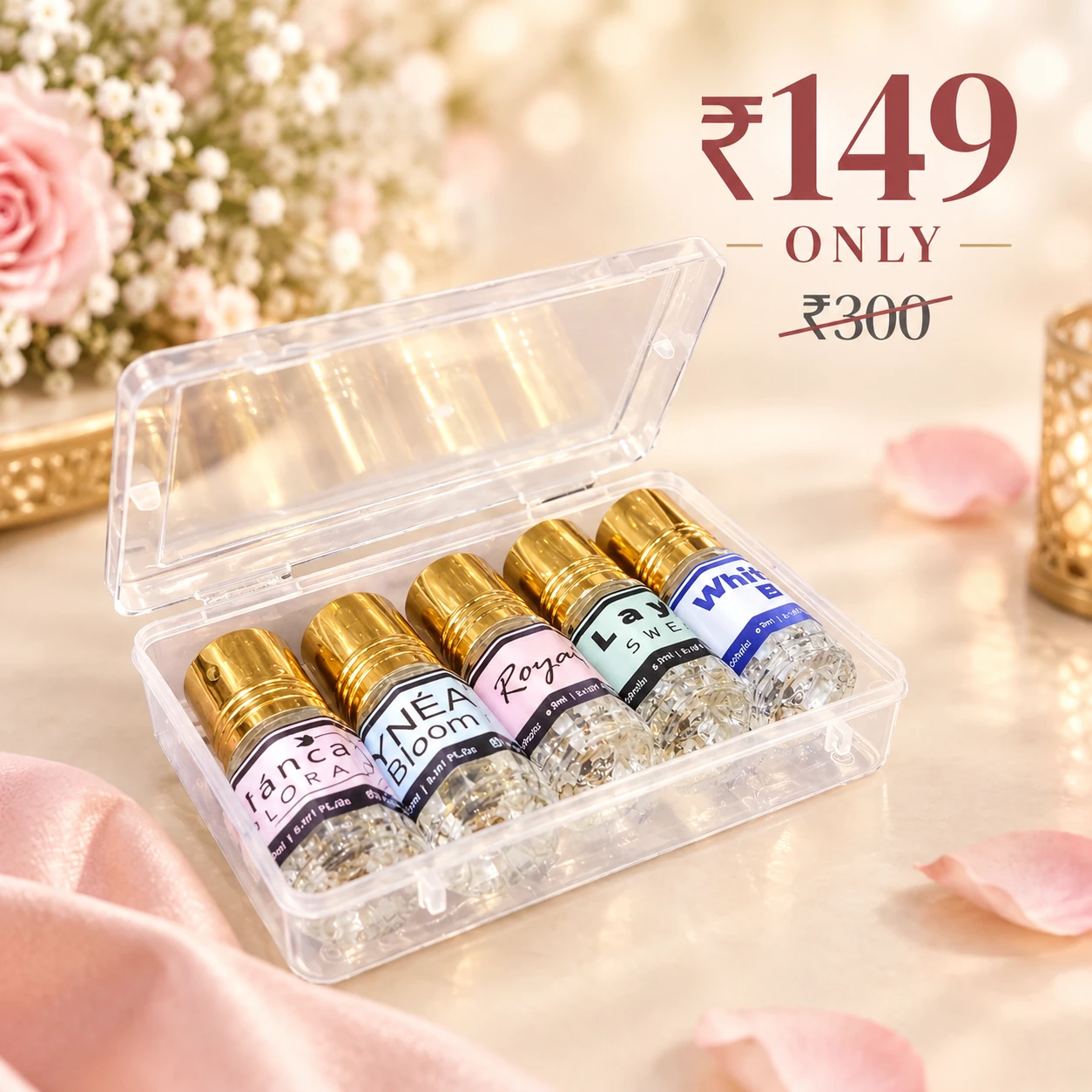 Haadi Layal Flora pocket perfume gift set in clear presentation travel case