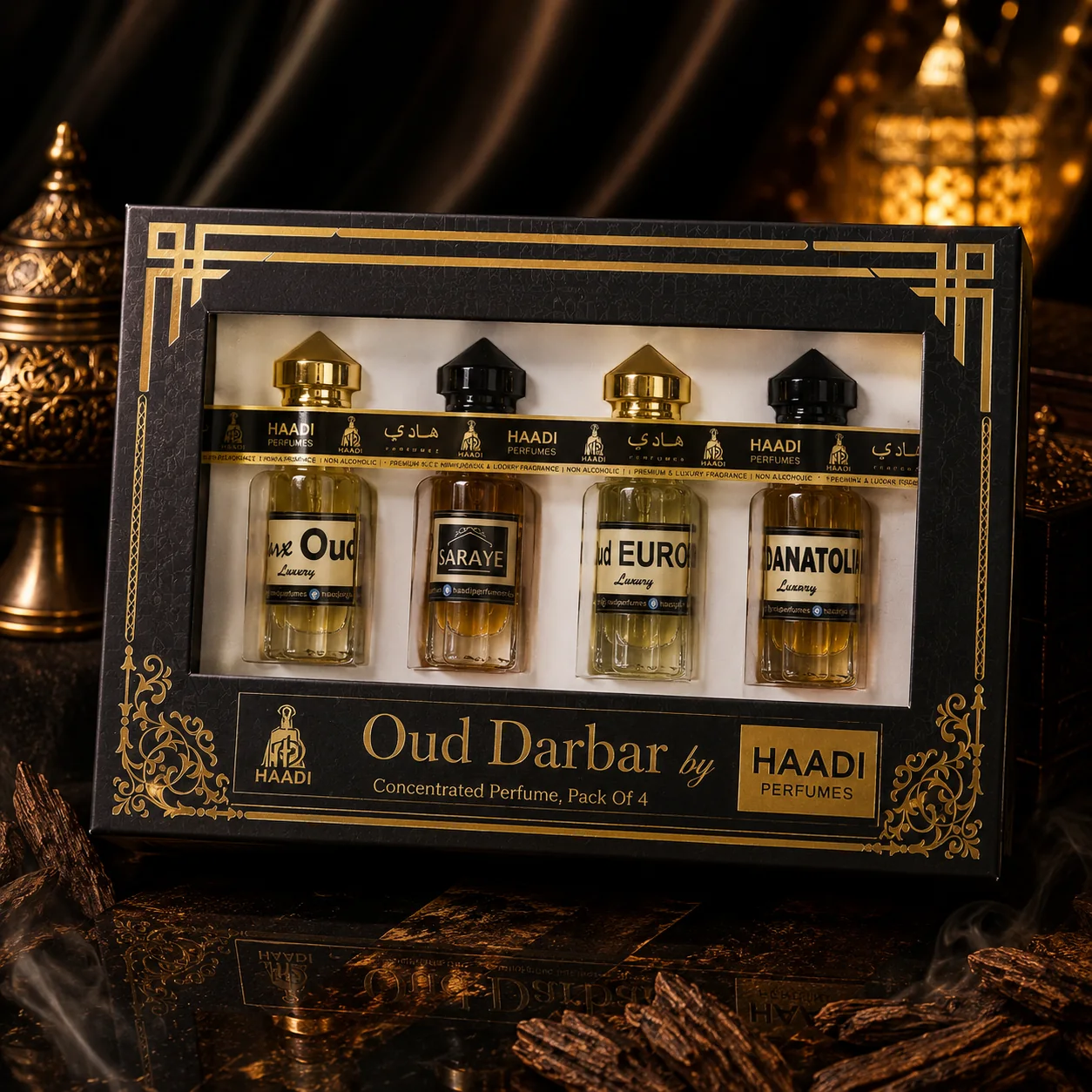 Haadi Oud Darbar perfume oil gift set, front view