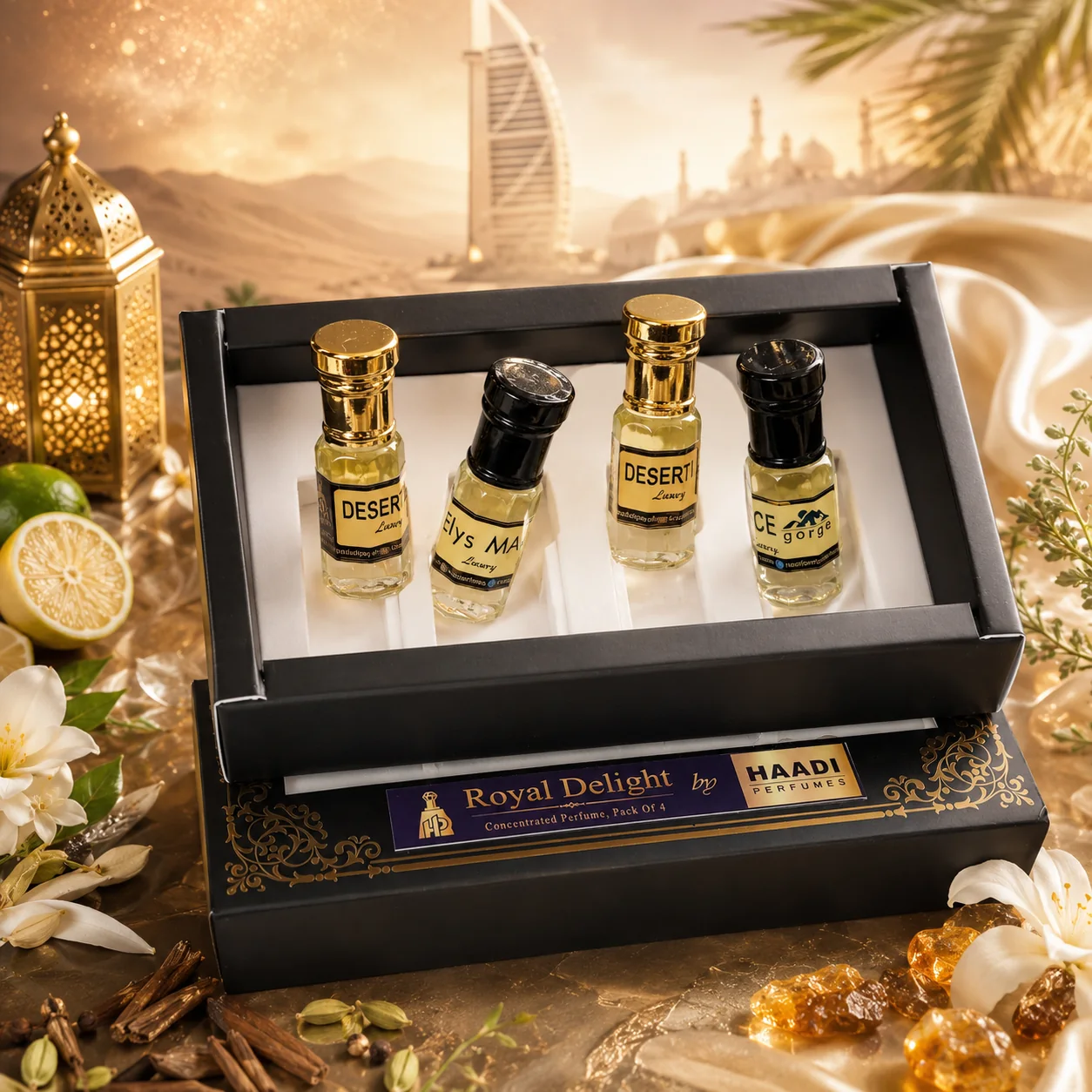Haadi Royal Delight perfume oil gift set, open-box display in a Dubai-inspired setting