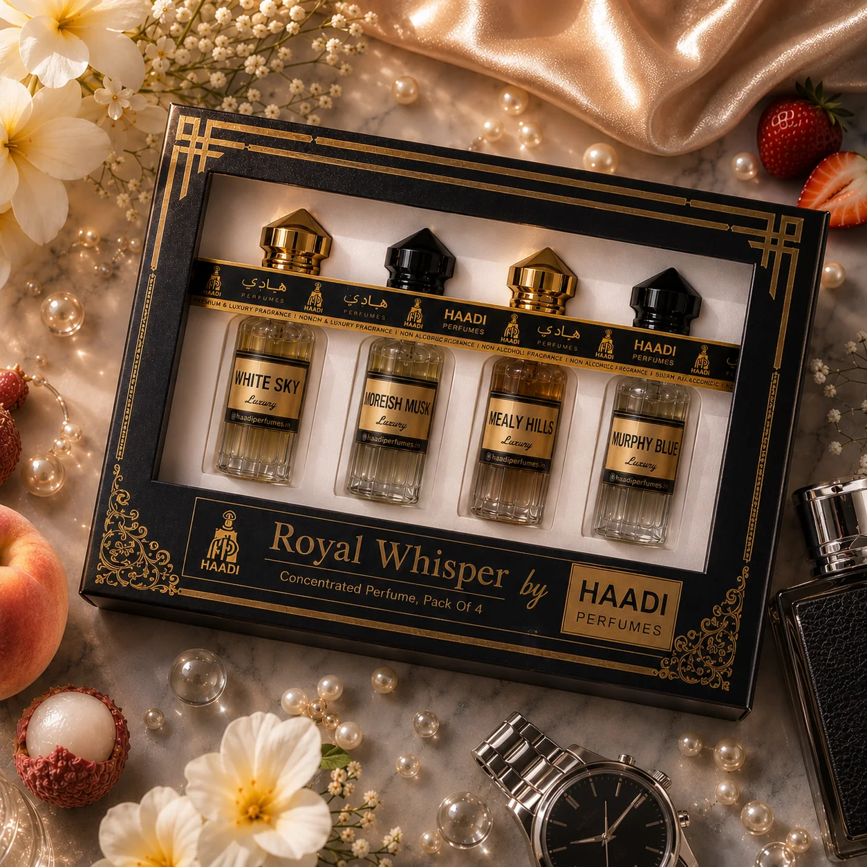 Haadi Royal Whisper perfume oil gift set, angled lifestyle view