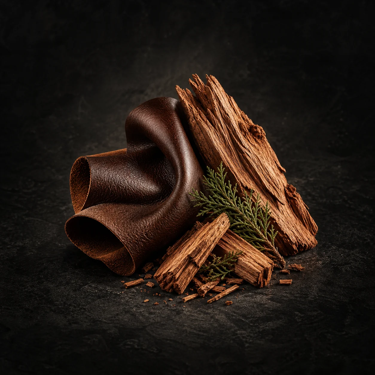 Base fragrance notes for Haadi Elys Man: Commanding leather and cedarwood