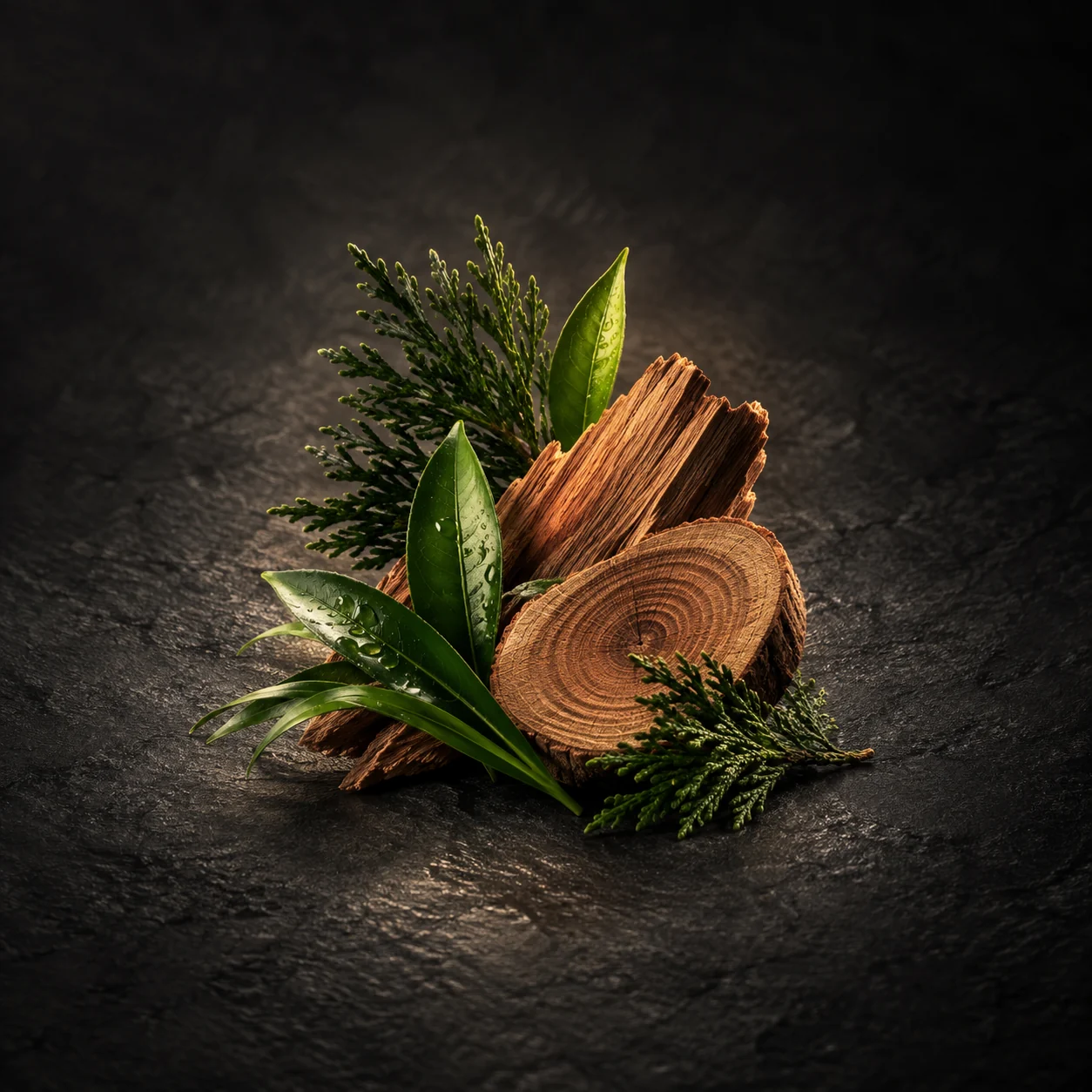 Heart fragrance notes for Haadi Ignis Grove: Refined cedarwood and green notes