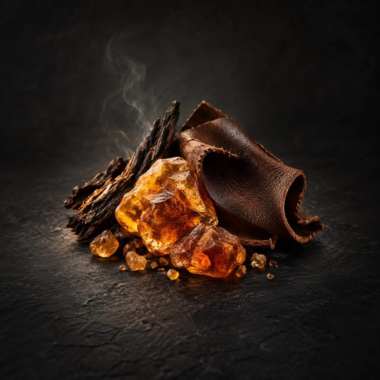 Base fragrance notes for Haadi Layal Aureum: Warm amber and smoky leather notes