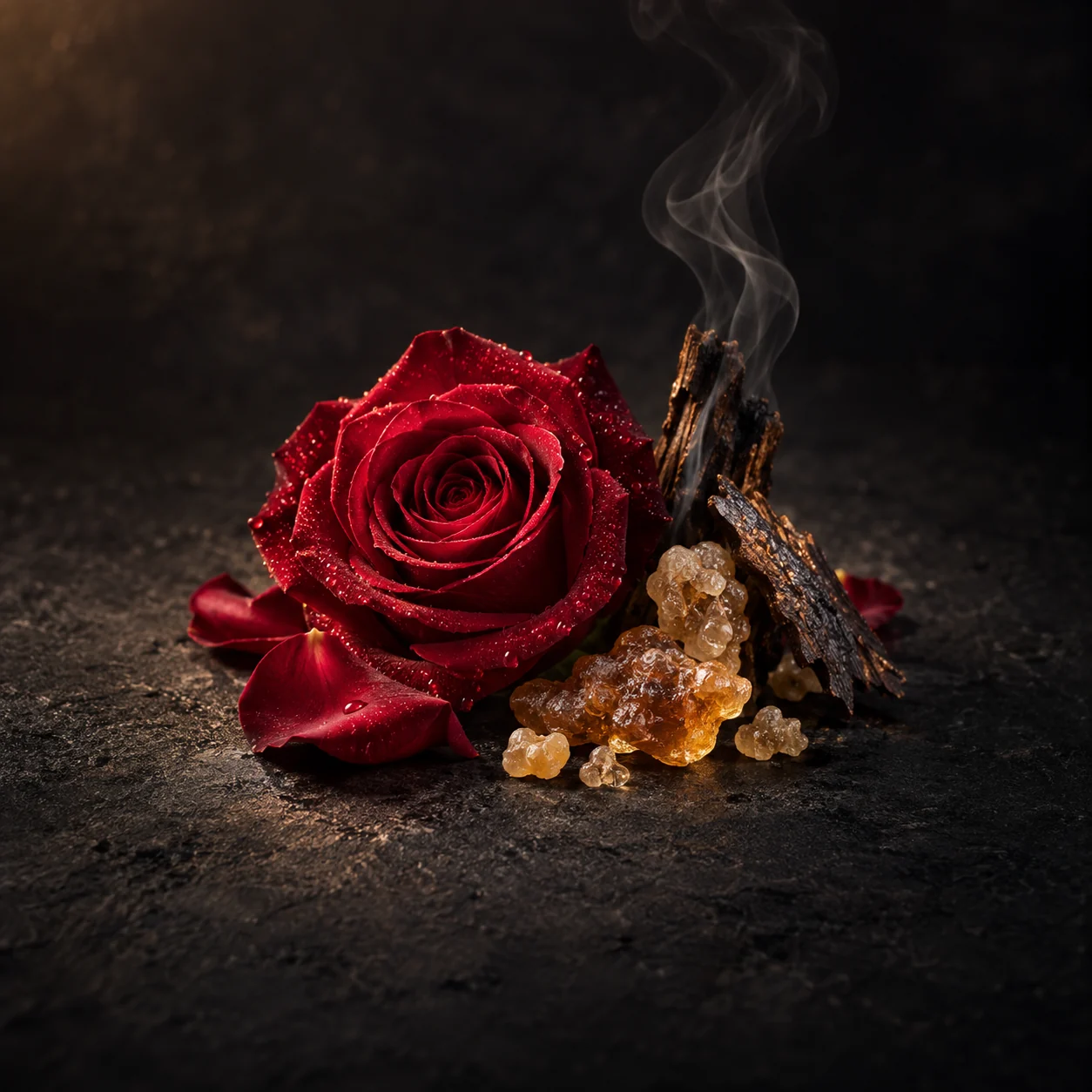 Heart fragrance notes for Haadi Layal Aureum: Opulent rose and smoky incense