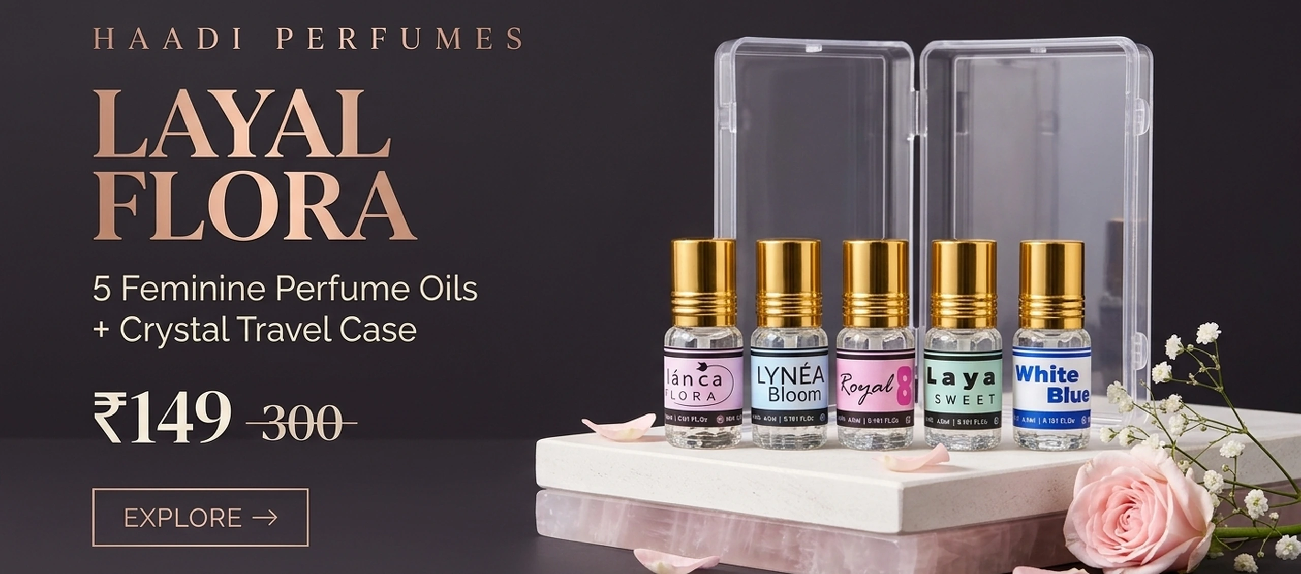Layal Flora - 5 x 3ml Luxury Pocket Perfumes + Travel Case - Haadi Perfumes