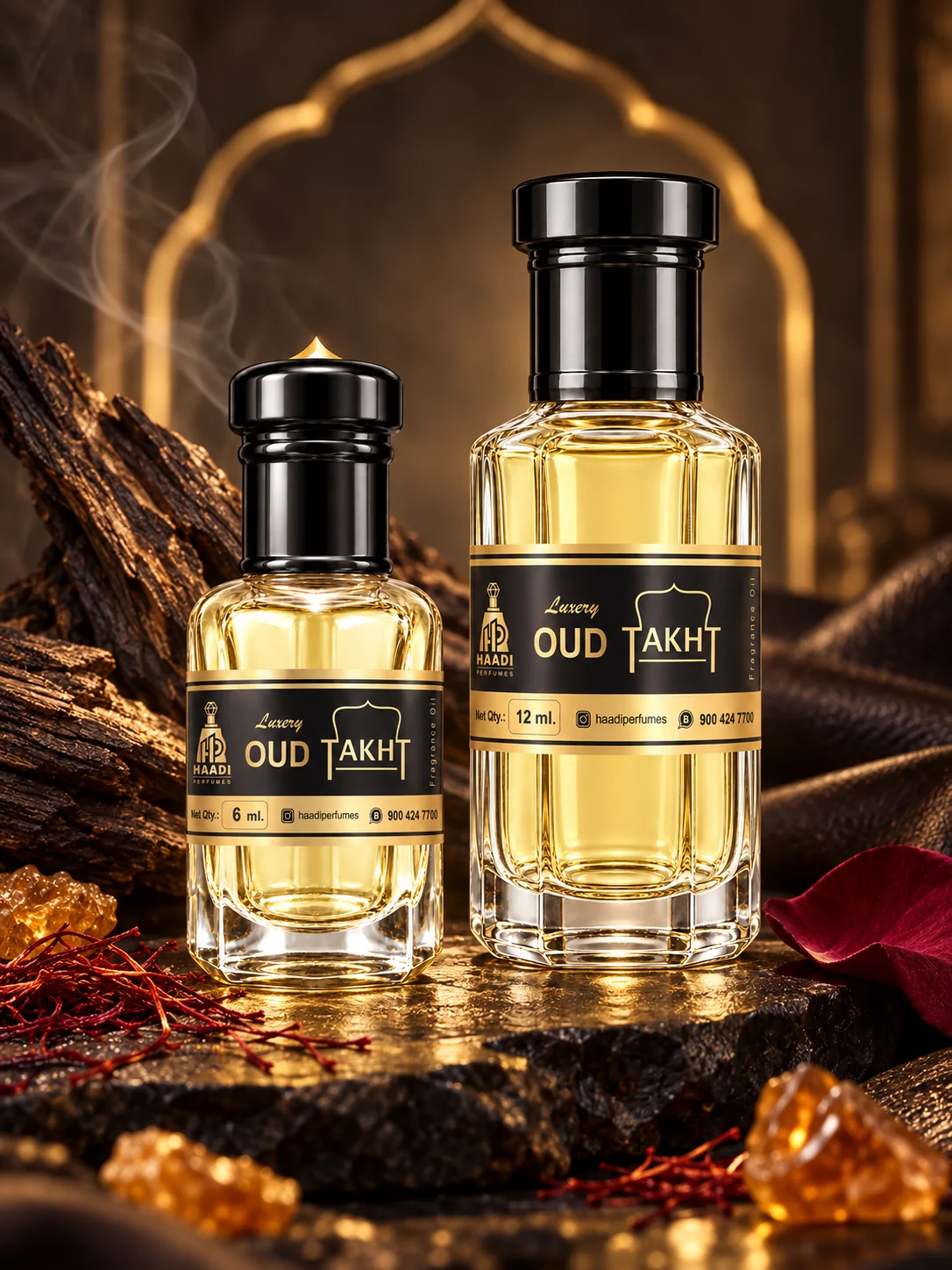 Haadi Oud Takht 6 ml and 12 ml attar bottle set
